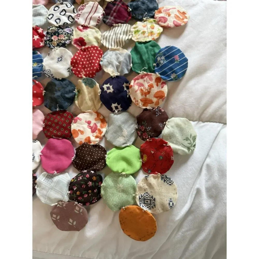Vintage QUILT Hand Made Stitched YOYO Circular Rosettes 97” X 108”